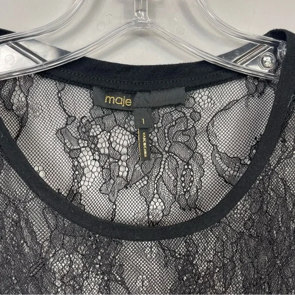 MAJE Paris Black Lace Inset Sheer Tee Shirt Top Short Sleeve Sexy 1 S Whimsigoth - Picture 6 of 12